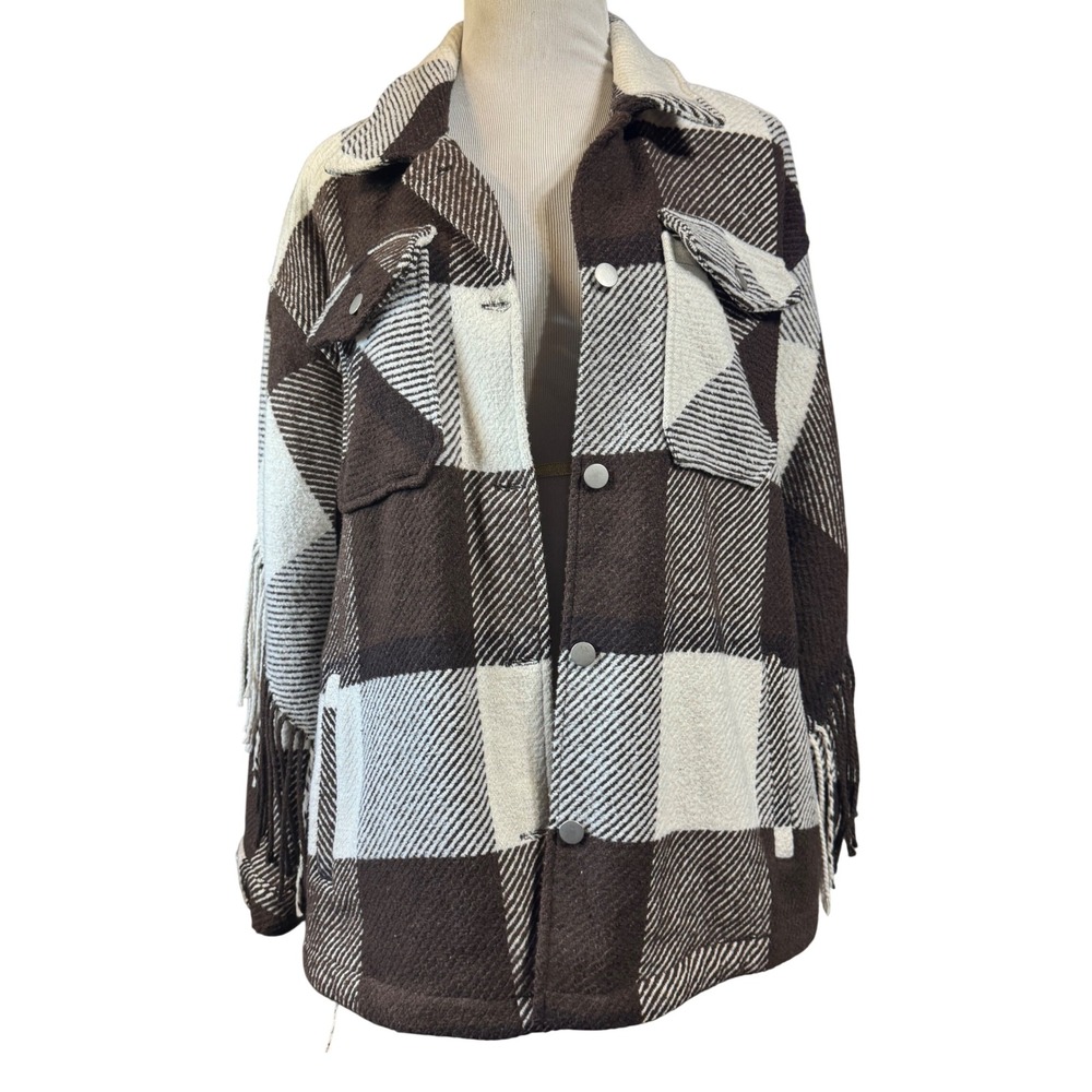 Stoosh Shacket Womens Large Fringe Buffalo Plaid Brown Cream Western Oversized